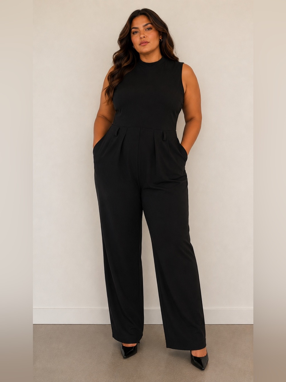Jennifer Lopez Black Wide Leg Jumpsuit Sleeveless Minimalist Pocketed One Piece